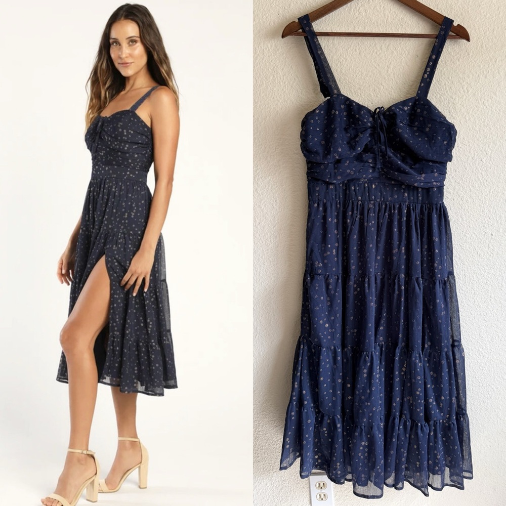 Lulus Affectionate Moment Navy Blue Gold
Slit Print Ruffled Midi-size M